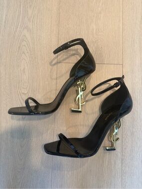 Saint Laurent Black Patent YSL Logo Heel Ankle-Strap Sandals